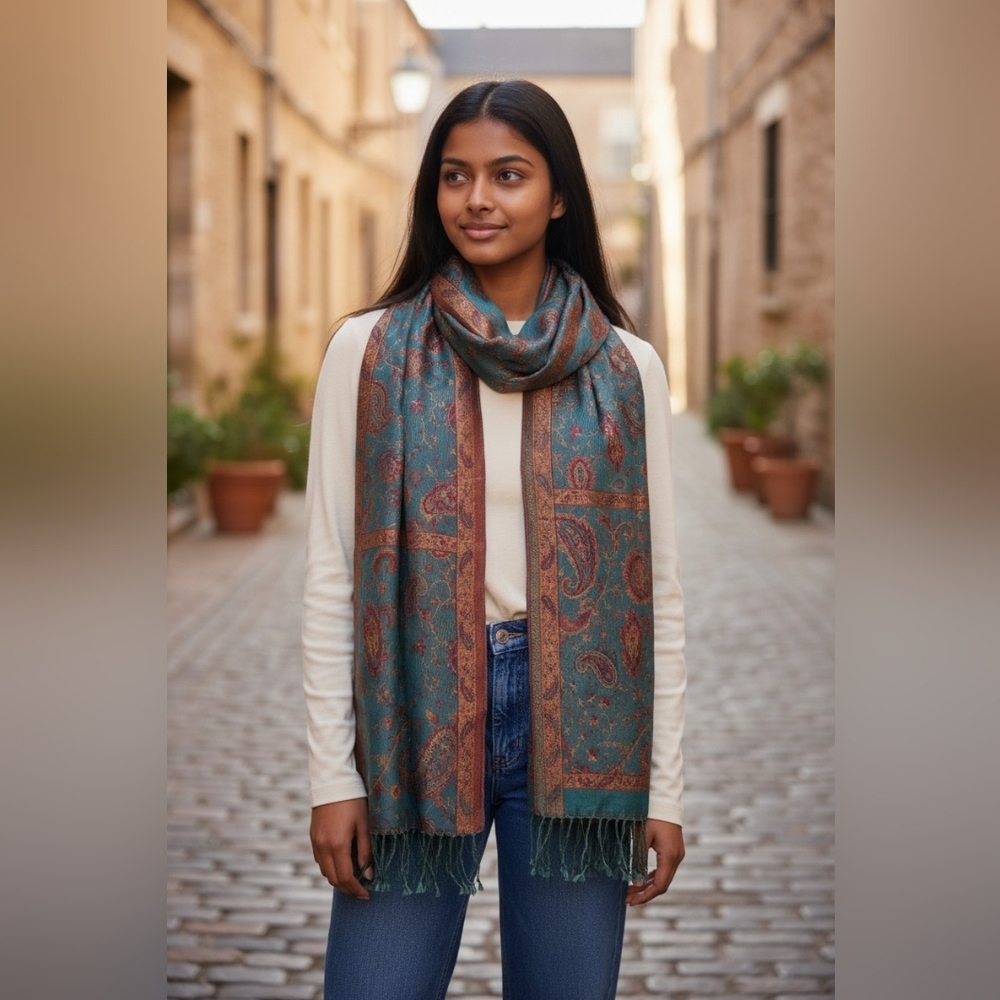 Elegant Paisley Teal and Gold Scarf Silk